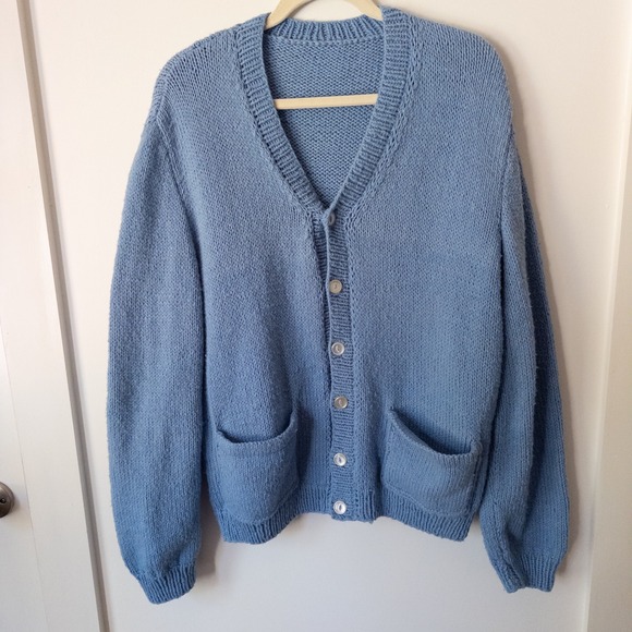 Sweaters - Vintage Handmade Light Blue Knit Cardigan Womens L Chunky Grandpa Sweater Indie